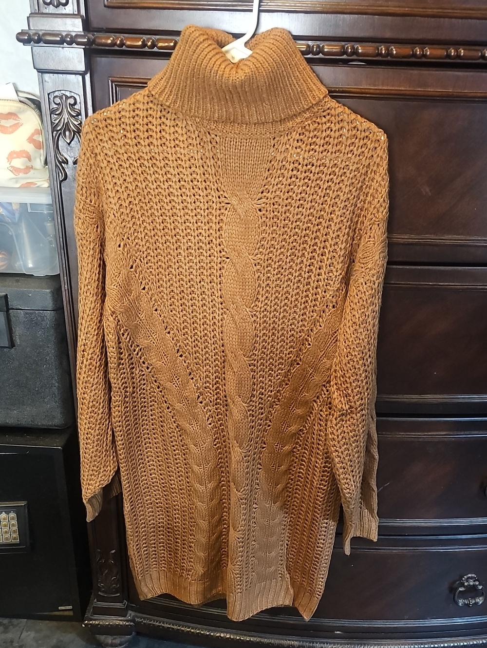 Fashion Nova Crochet Cable Knit Turtleneck Sweater Dress - Camel